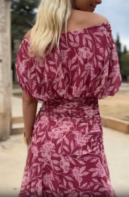 Pink Off‑the‑Shoulder Ruched Floral Chiffon Midi Dress