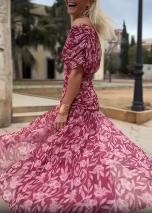 Pink Off‑the‑Shoulder Ruched Floral Chiffon Midi Dress