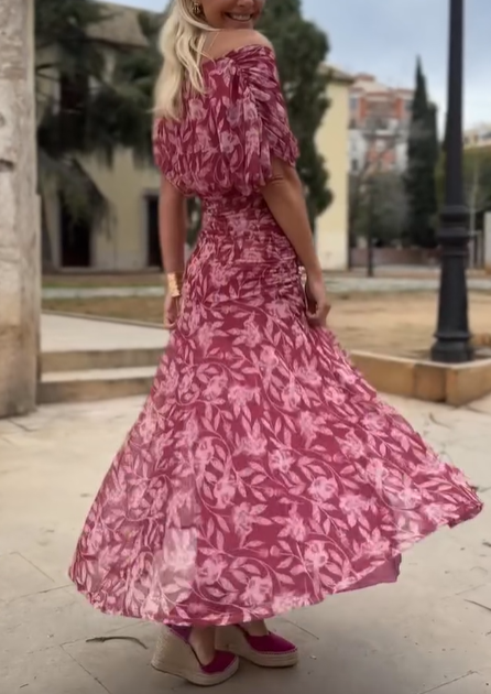 Pink Off‑the‑Shoulder Ruched Floral Chiffon Midi Dress