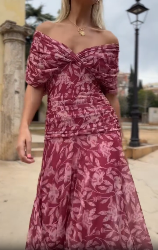 Pink Off‑the‑Shoulder Ruched Floral Chiffon Midi Dress