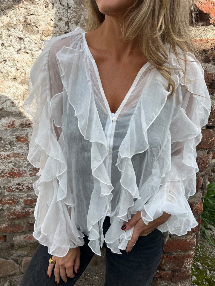 Ruffled Sheer Button - Front Blouse
