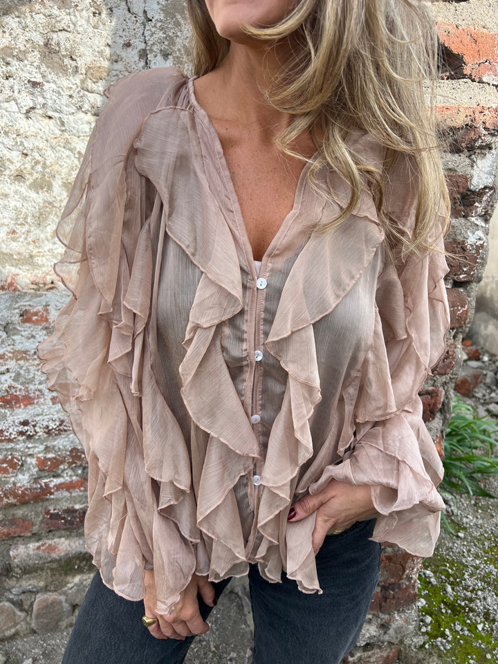 Ruffled Sheer Button - Front Blouse