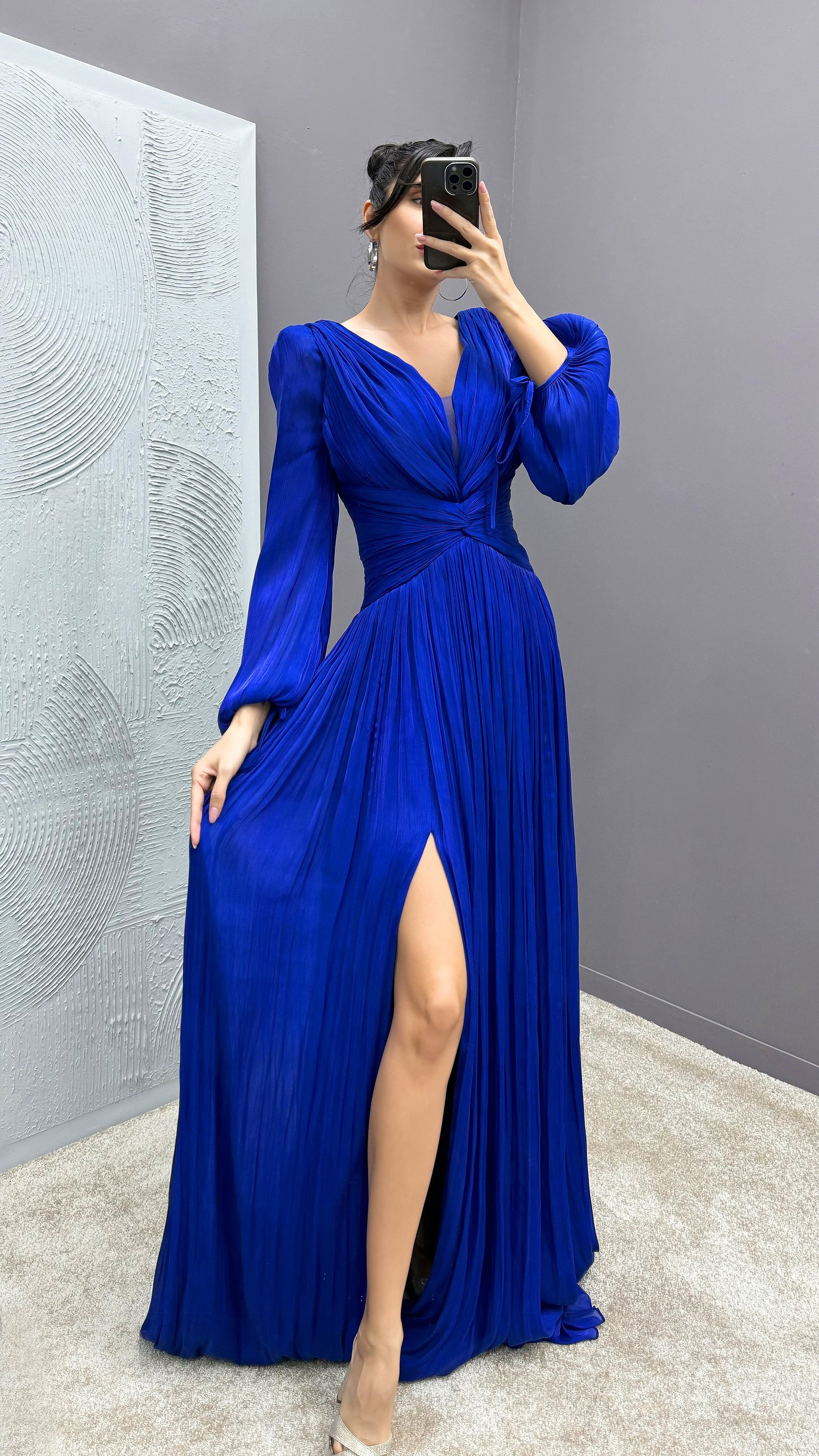 BEIGE BALLOON SLEEVE DRAPED DESIGN DRESS