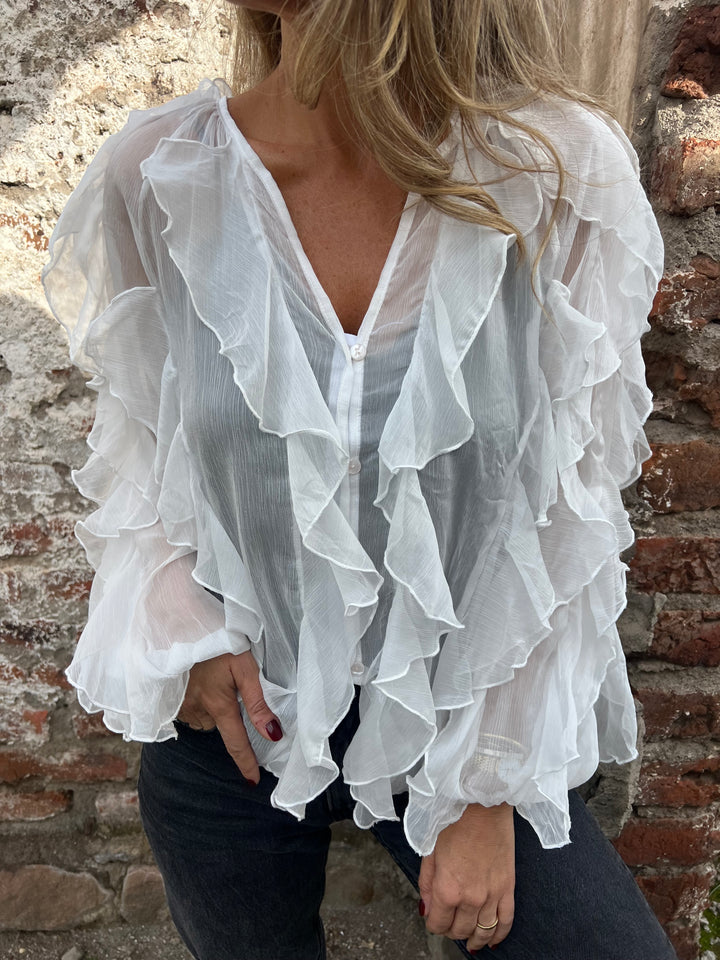 Ruffled Sheer Button - Front Blouse