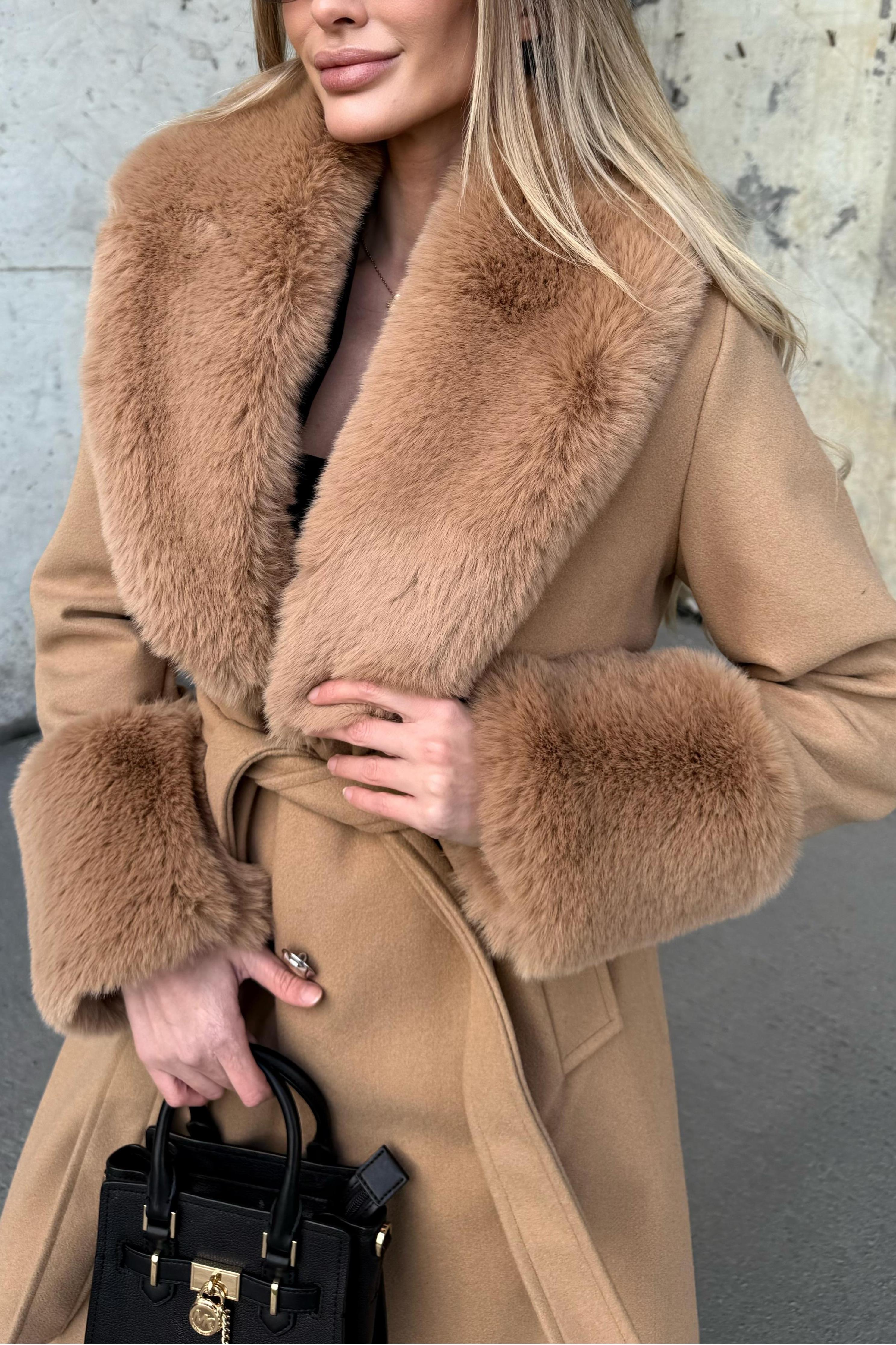 Wool - Blend Coat with Faux Fur Accents