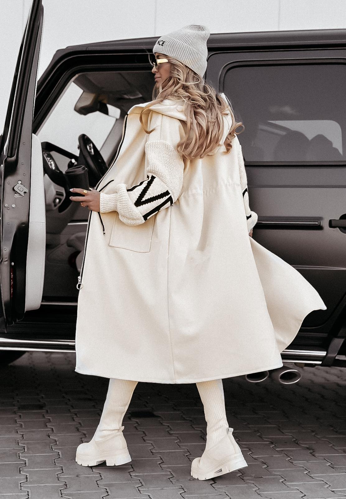 White Drawstring Hooded Coat