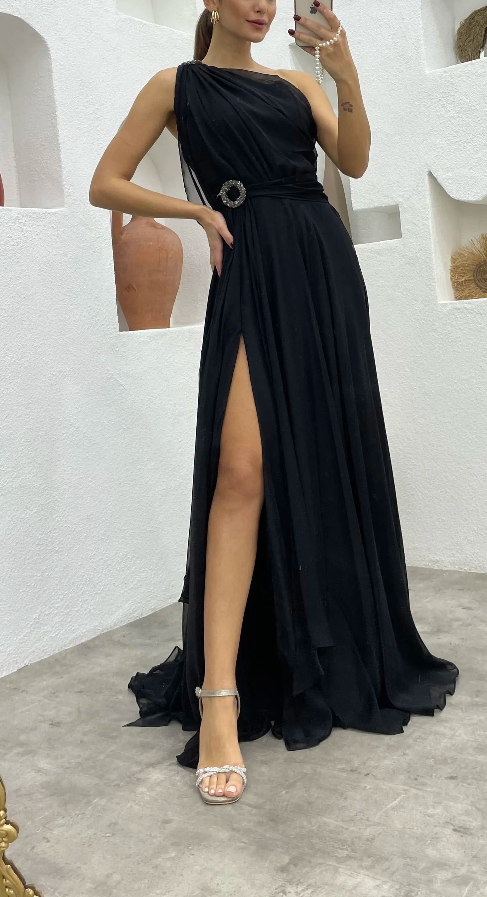 ONE SHOULDER BELT DETAIL DESIGN CHIFFON DRESS