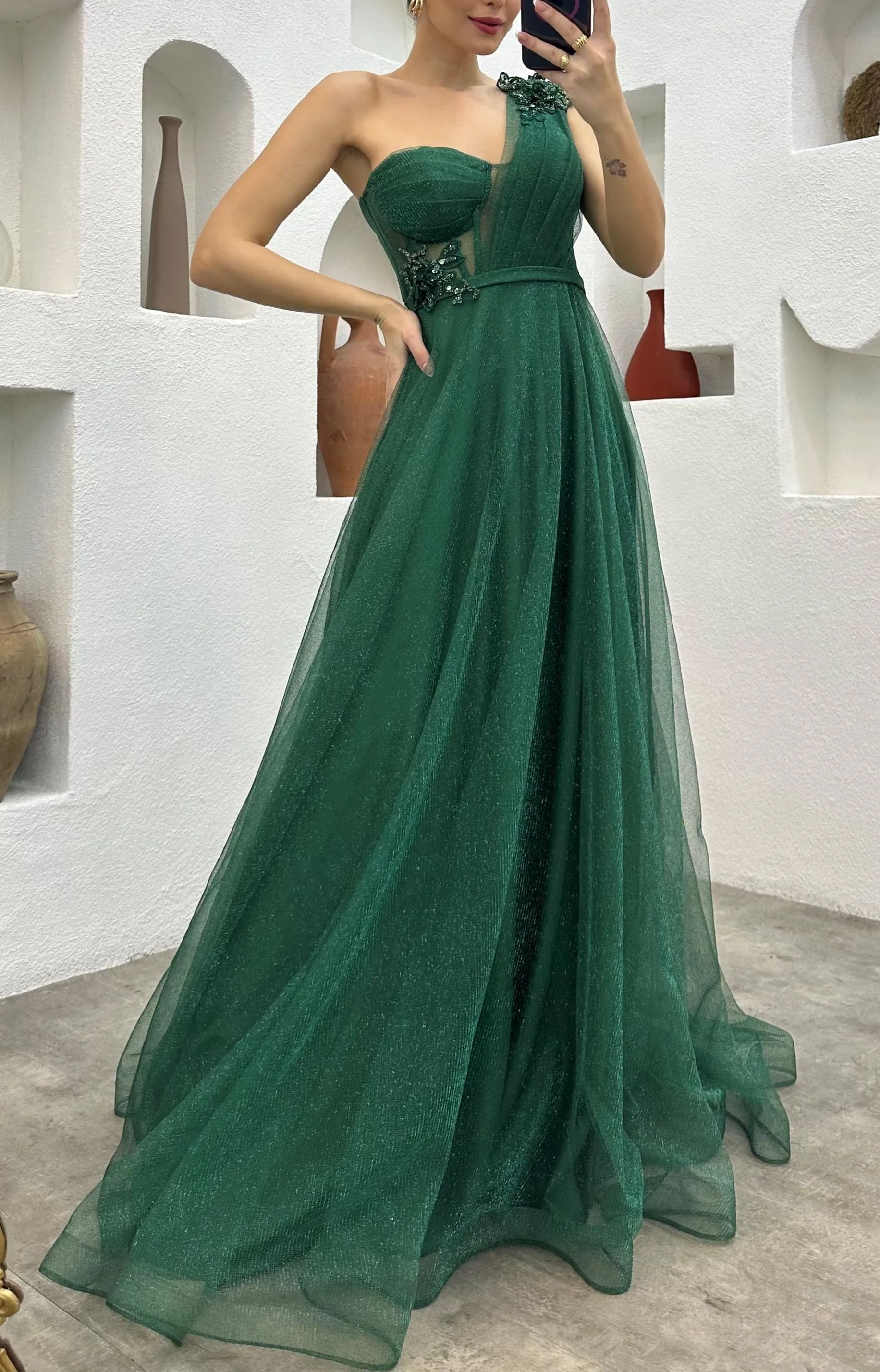 ONE SHOULDER EMBROIDERY DETAIL GLITTERY TULLE EVENING DRESS