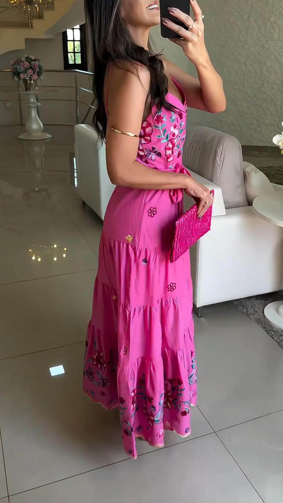 Floral Embroidered Spaghetti Strap Dress with Tie Detail