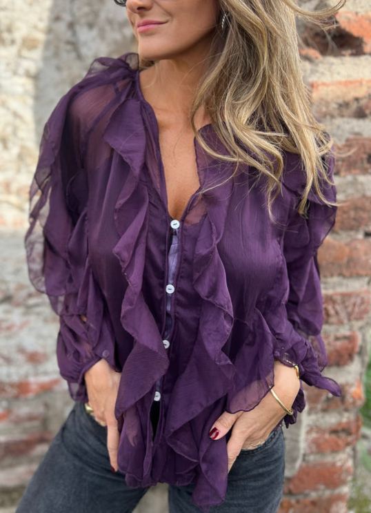 Ruffled Sheer Button - Front Blouse