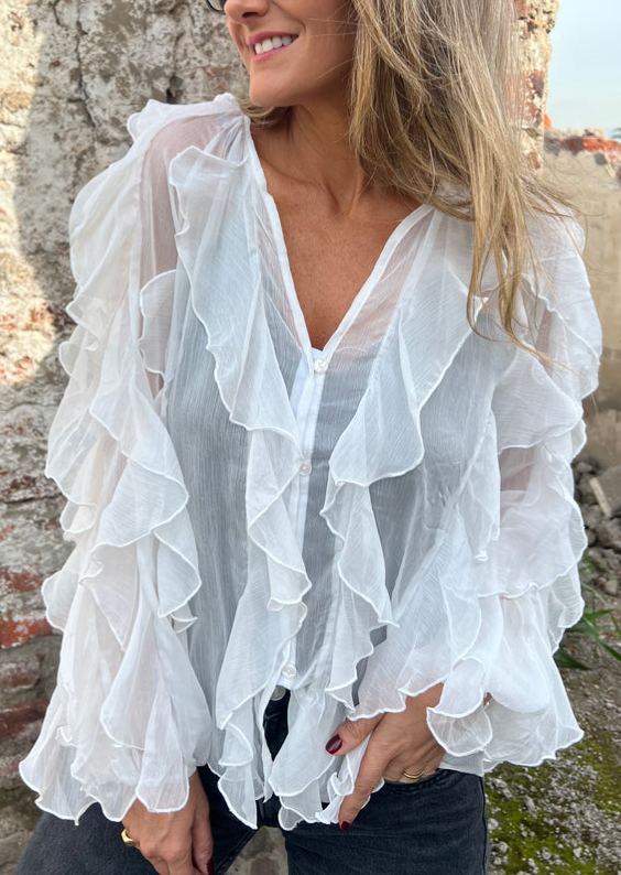 Ruffled Sheer Button - Front Blouse