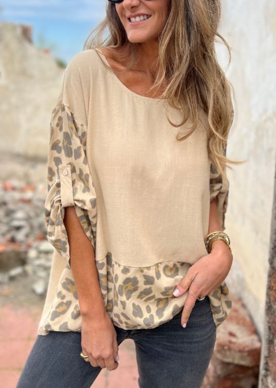 Ecru stripe print linen blouse