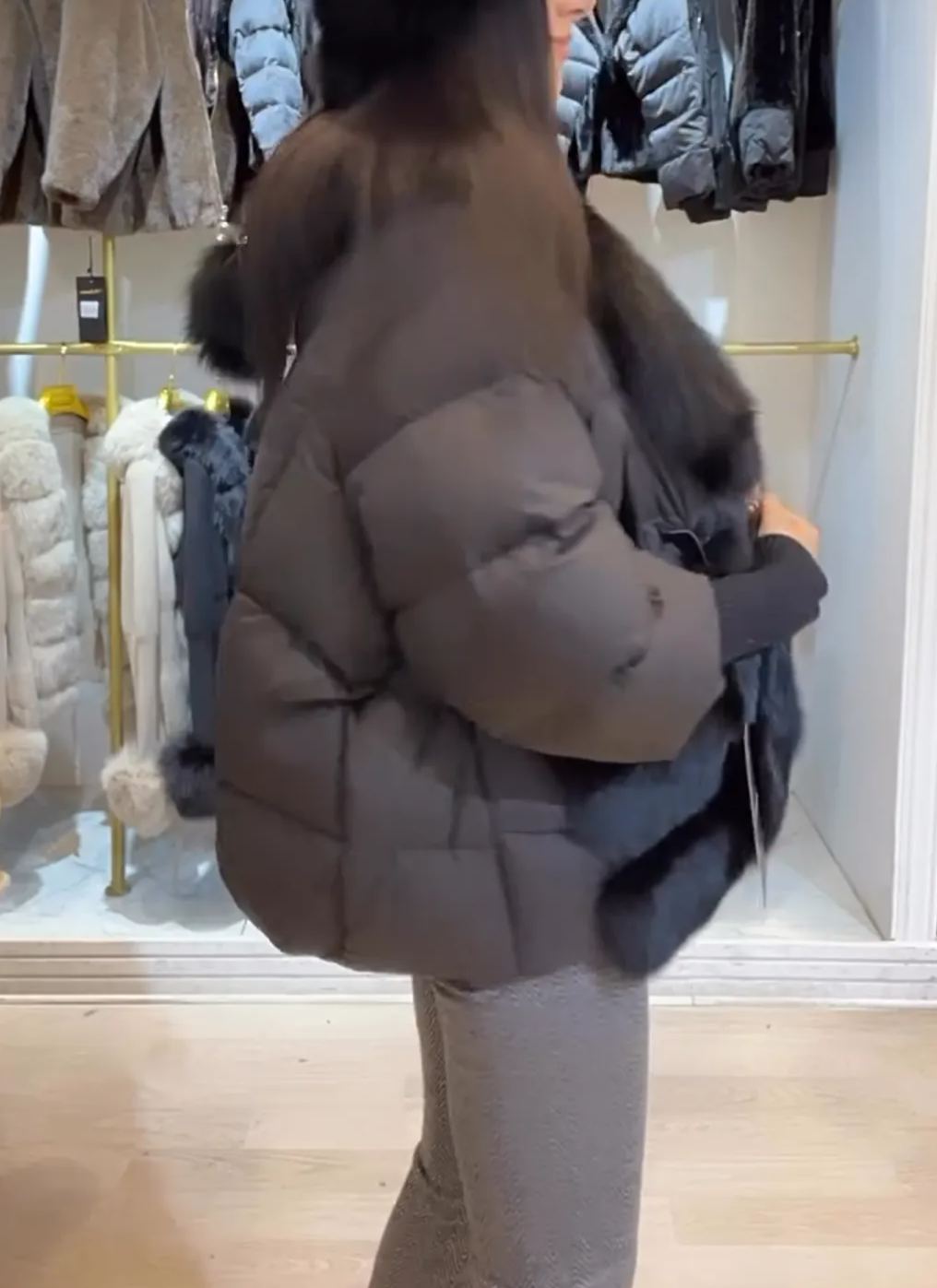 Black Puffer Jacket with Luxurious Real Fur Collar and Cuffs
