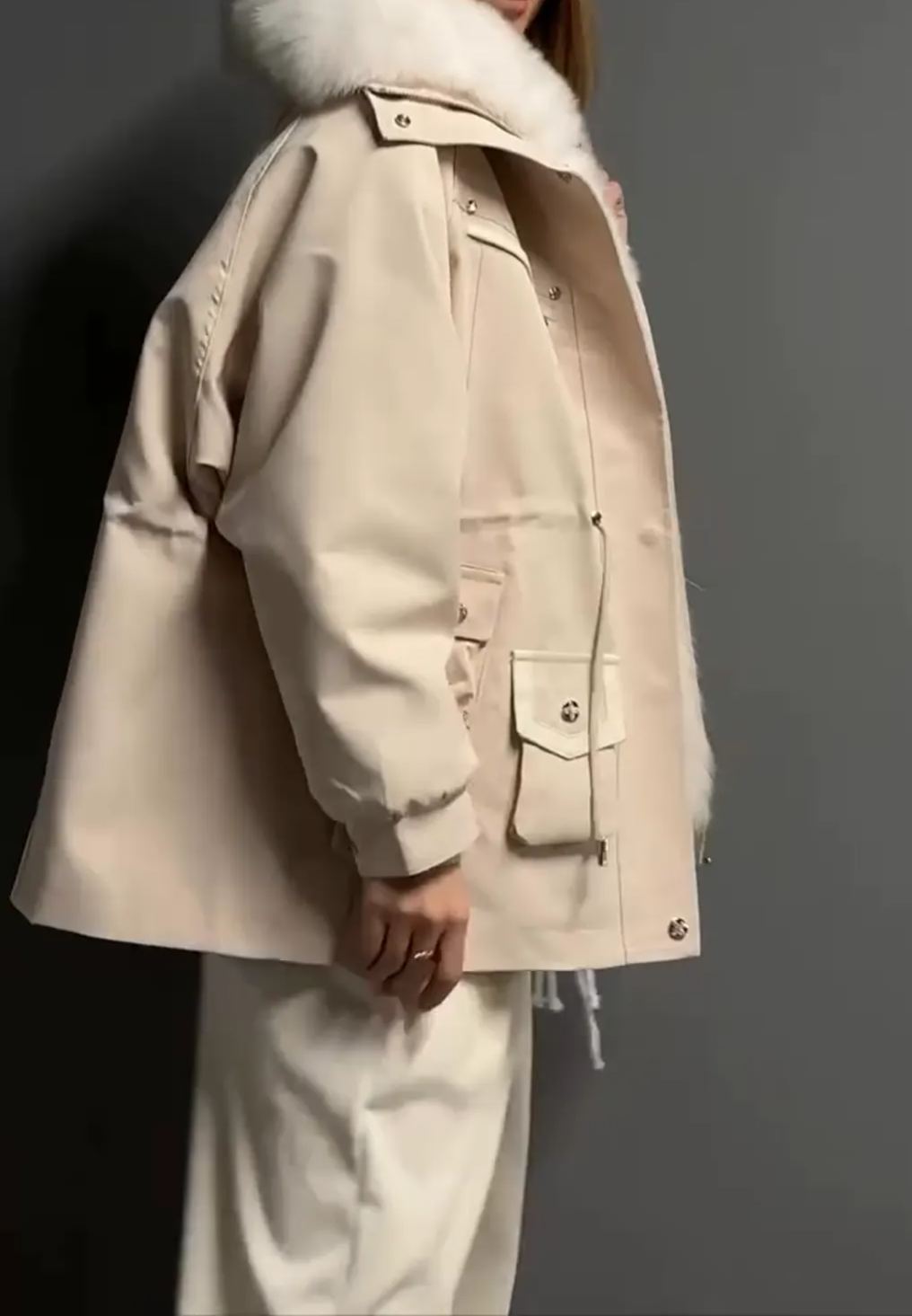 Beige Parka with Luxurious White Faux Fur Lining