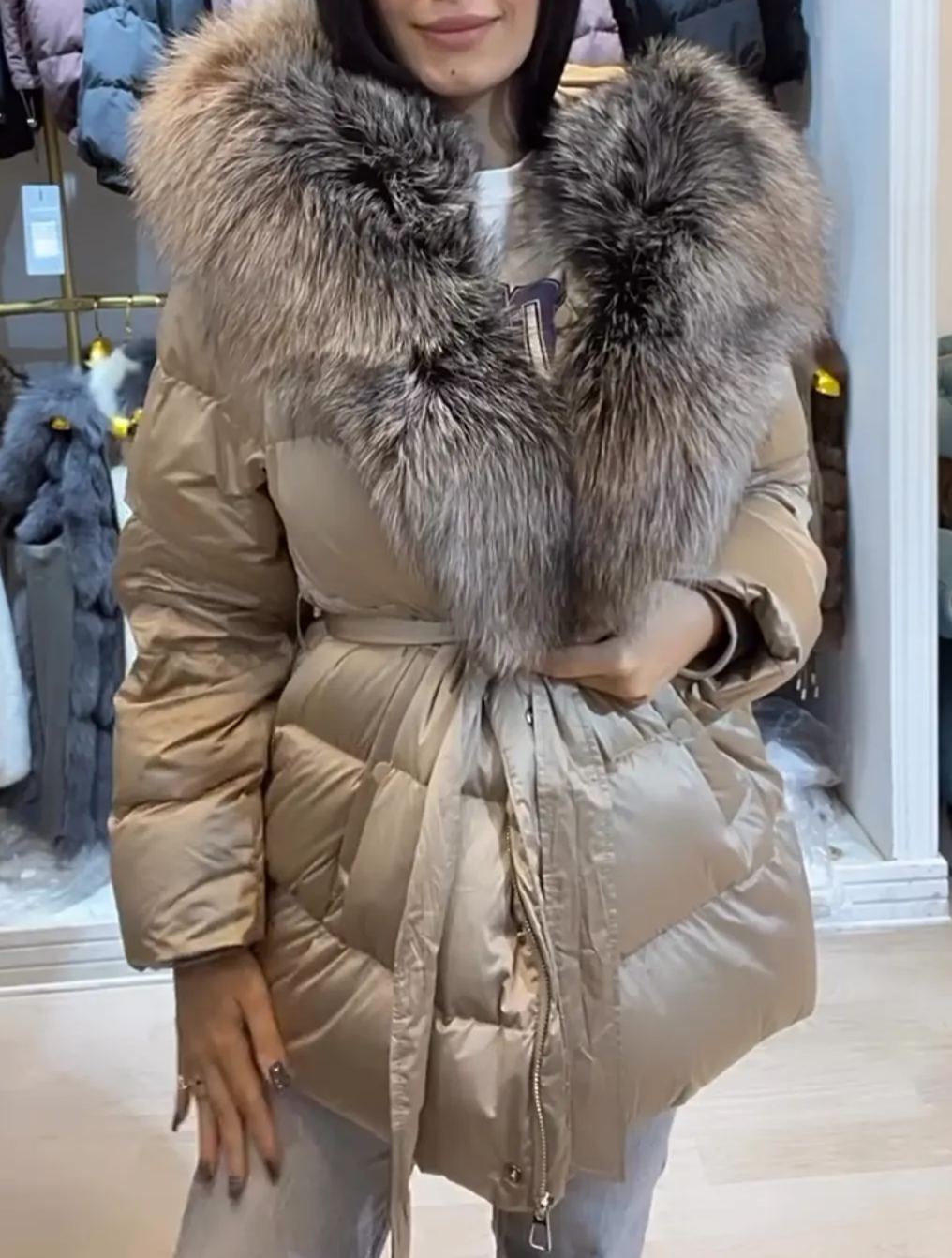 Beige Puffer Coat with Oversized Faux Fur Collar and Belt