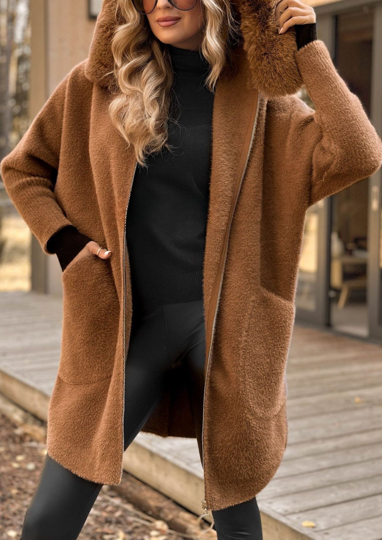 Faux Fur & Wool - Blend Hooded Coat