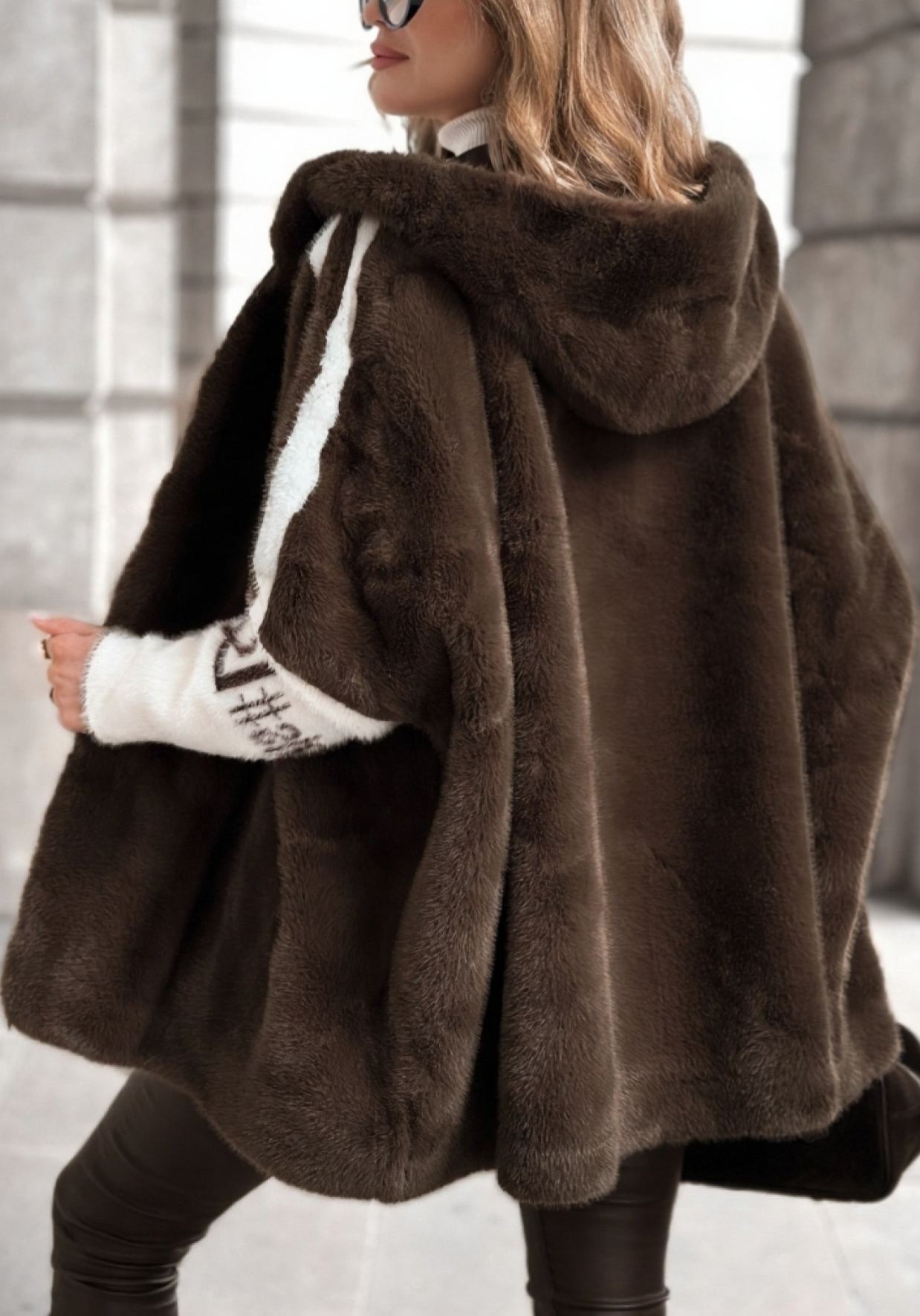 Striped faux fur and wool blend coat