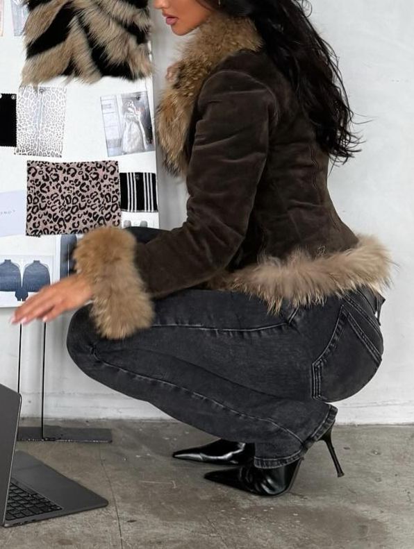 Suede Jacket with Faux Fur Accents
