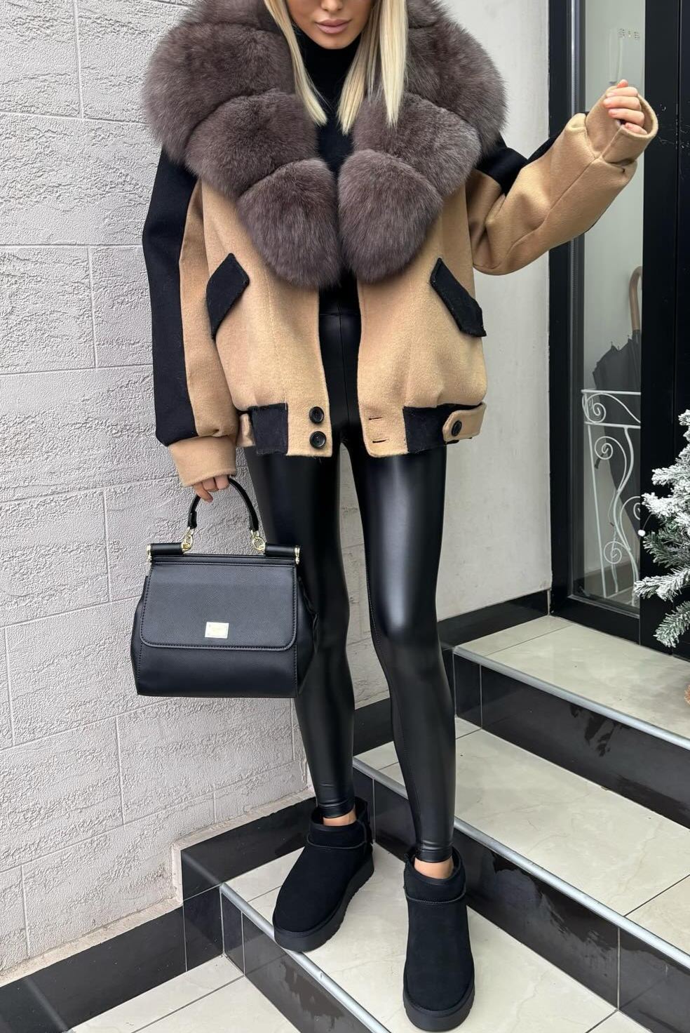 Wool - Blend Jacket with Faux Fur Collar