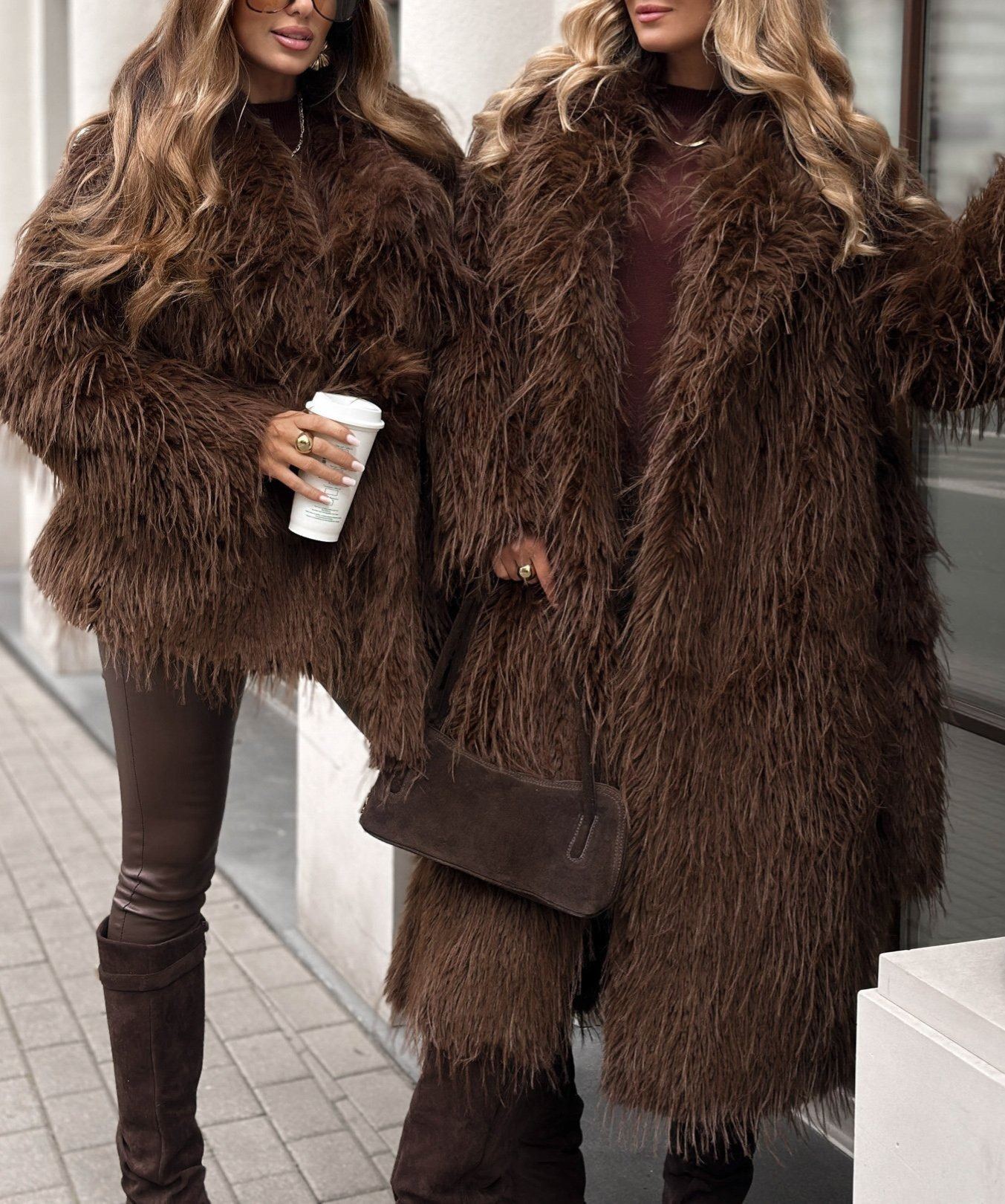 Long Wool-Blend Faux Fur Coat