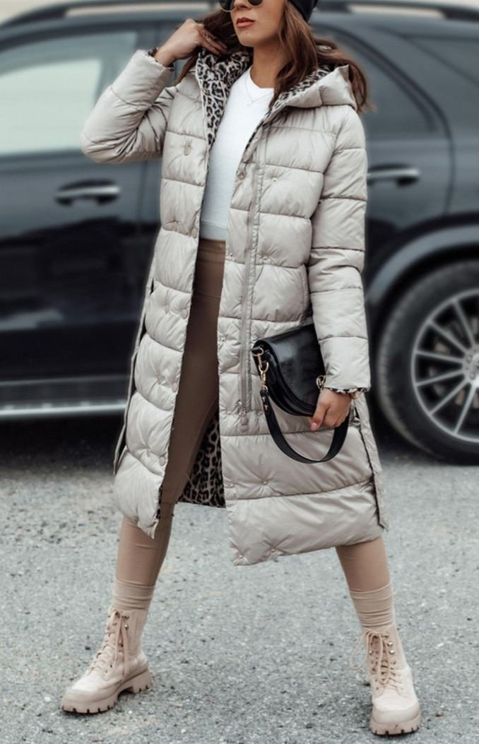 Reversible Down Coat with Leopard Print and Solid Design