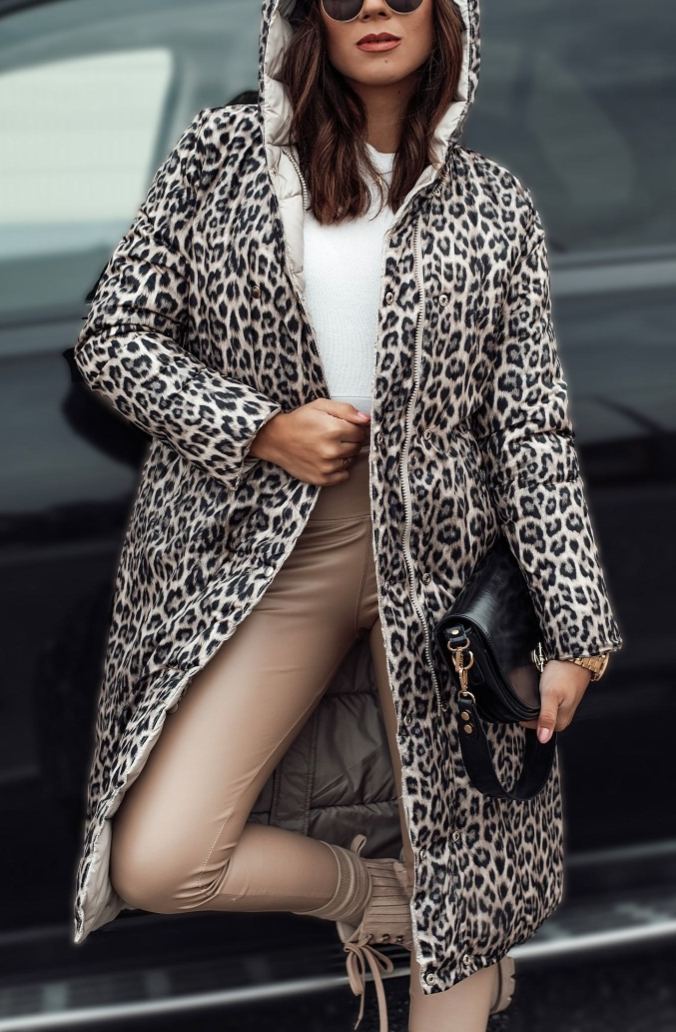 Reversible Down Coat with Leopard Print and Solid Design