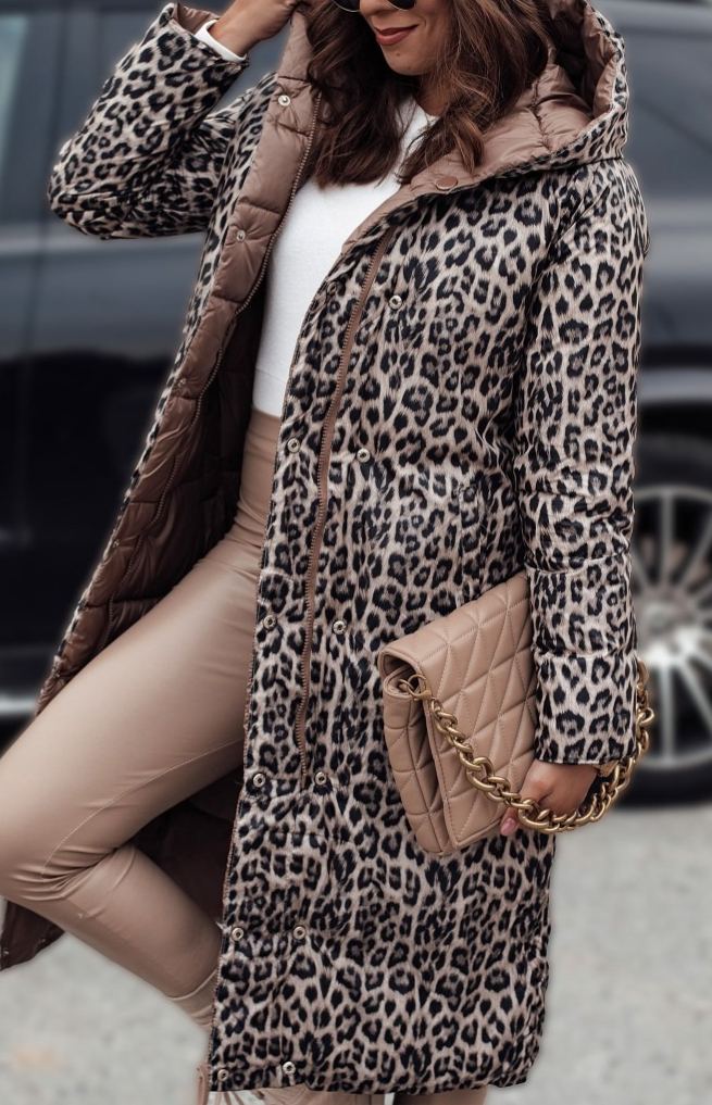 Reversible Down Coat with Leopard Print and Solid Design