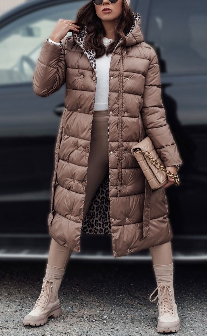 Reversible Down Coat with Leopard Print and Solid Design