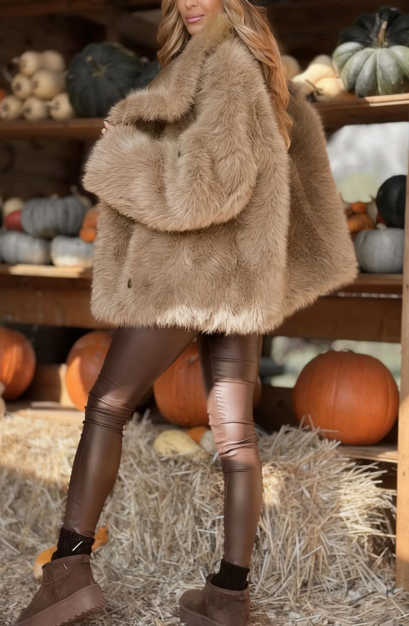 Mocha-colored double-faced suede fur coat
