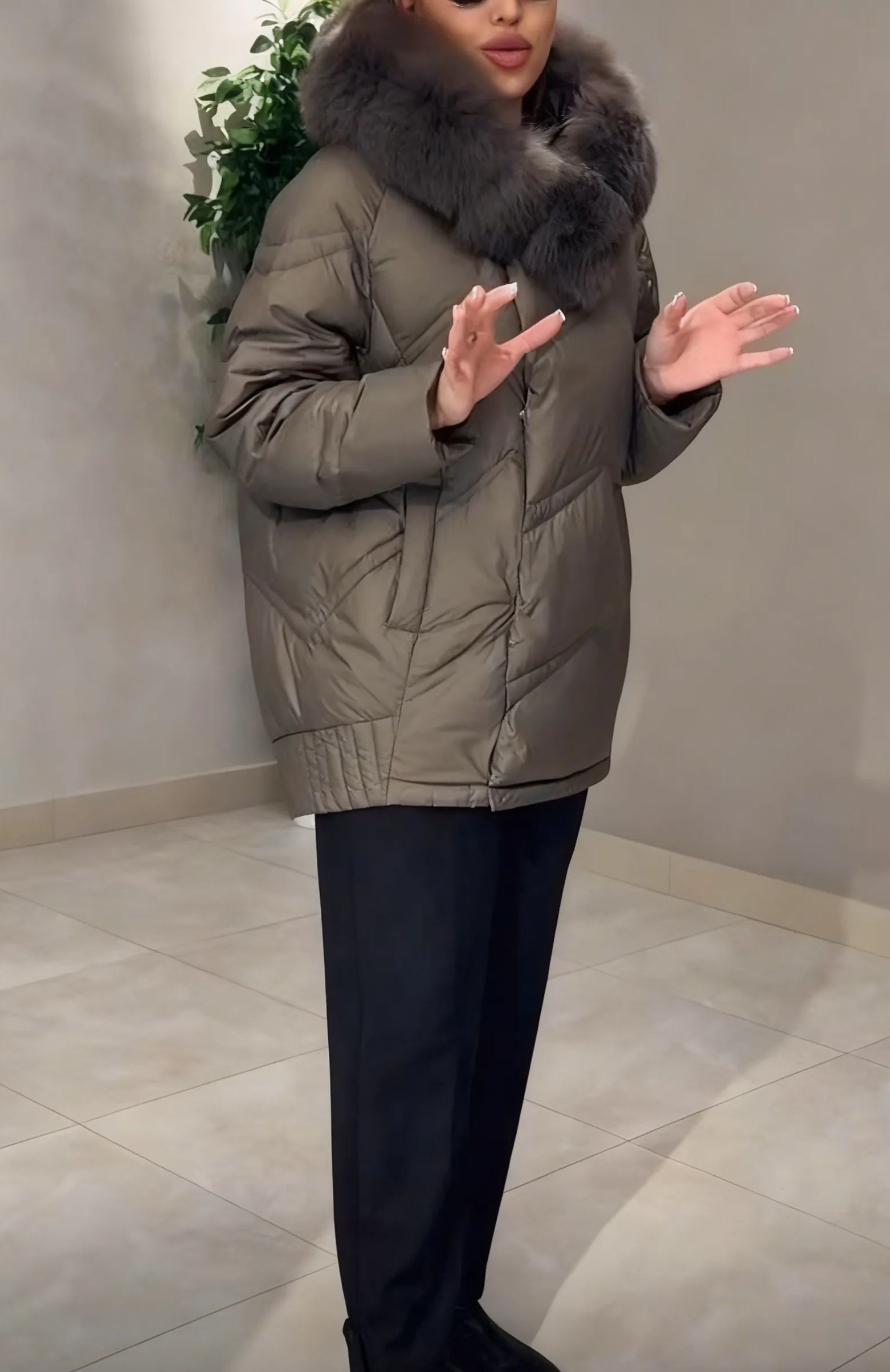 Quilted down jacket with fur collar