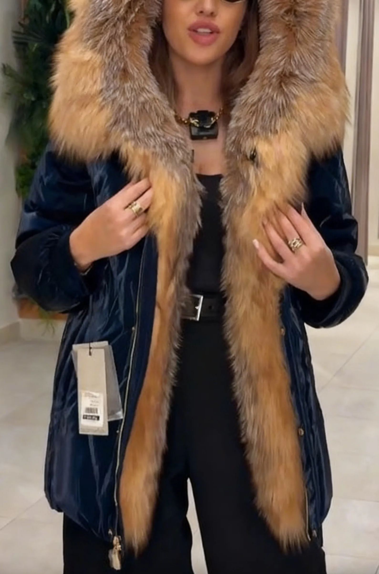 Faux Fur-Trimmed Velvet Hooded Down Jacket