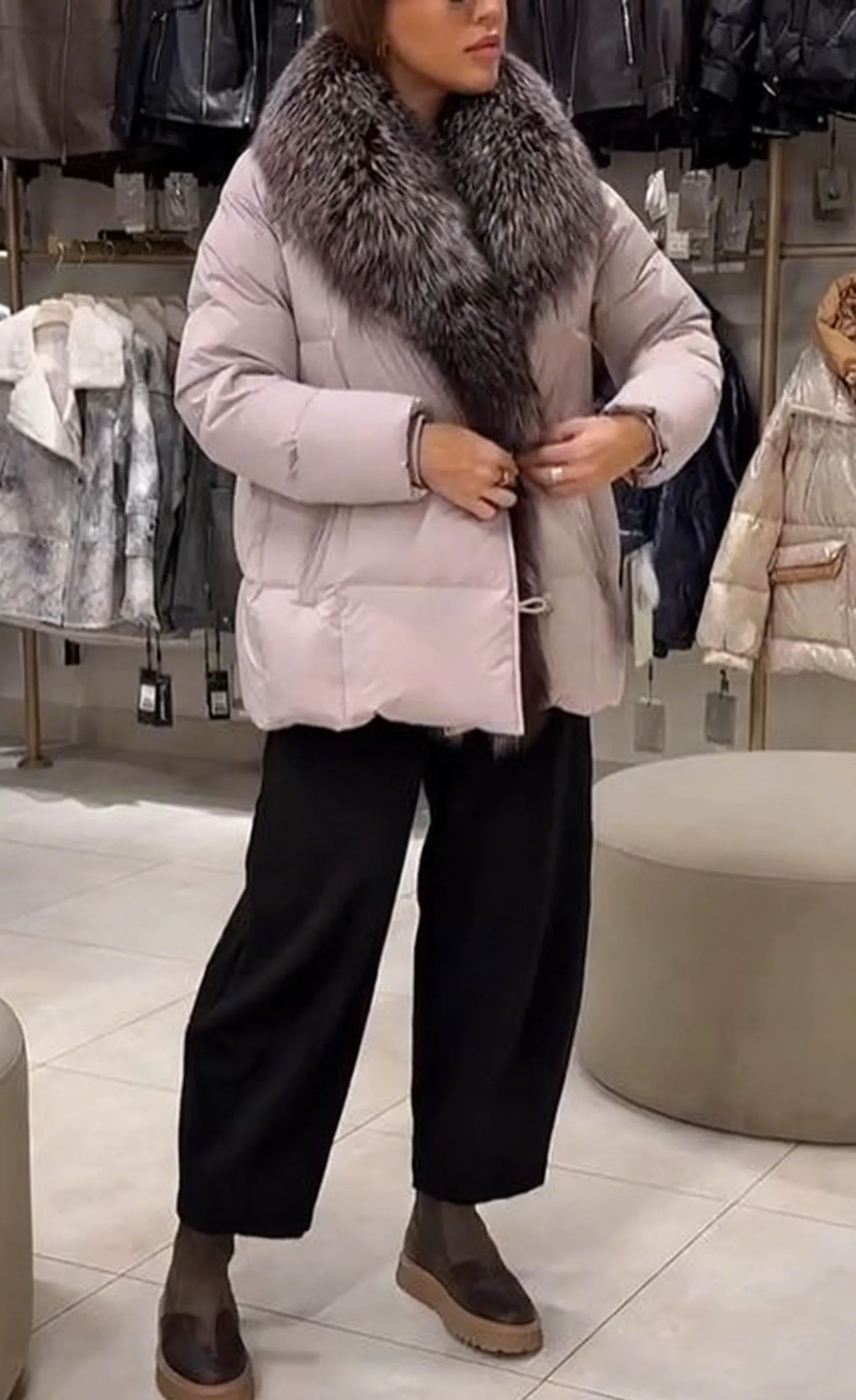 Belted Puffer Jacket with Fur Collar