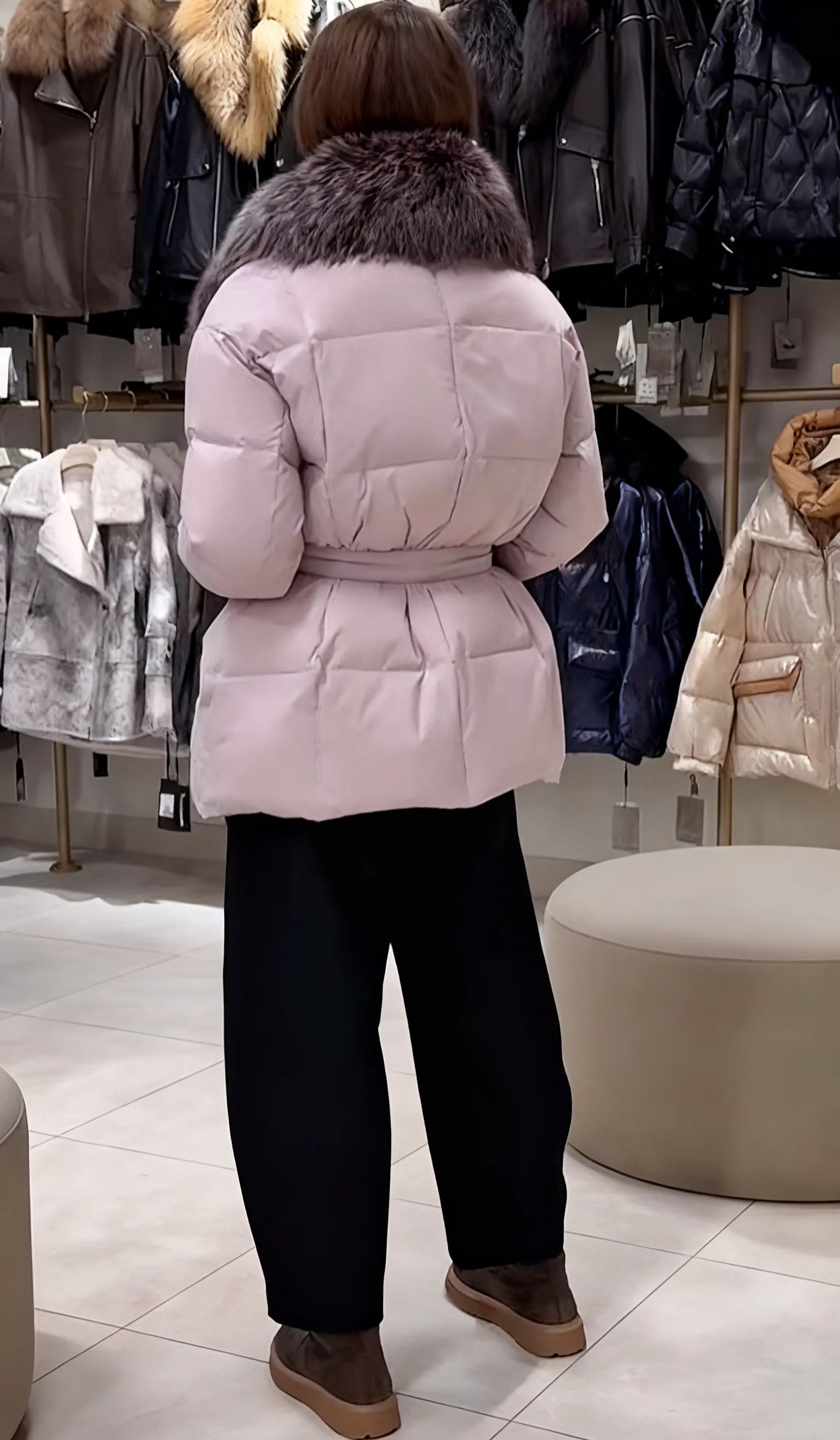 Belted Puffer Jacket with Fur Collar