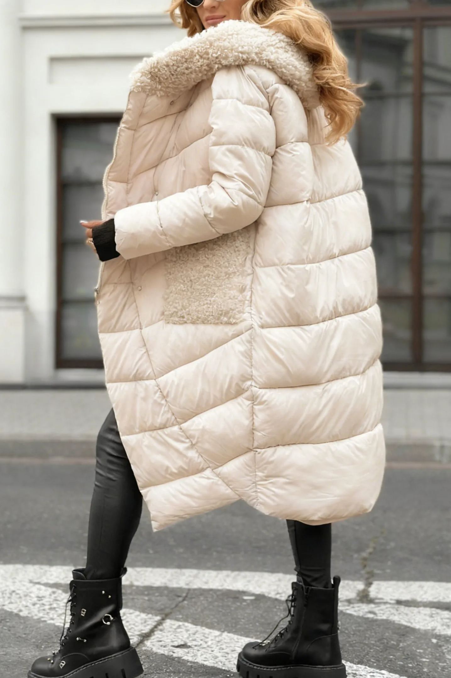 Longline Puffer Coat with Shearling Trim & Self-Tie Belt