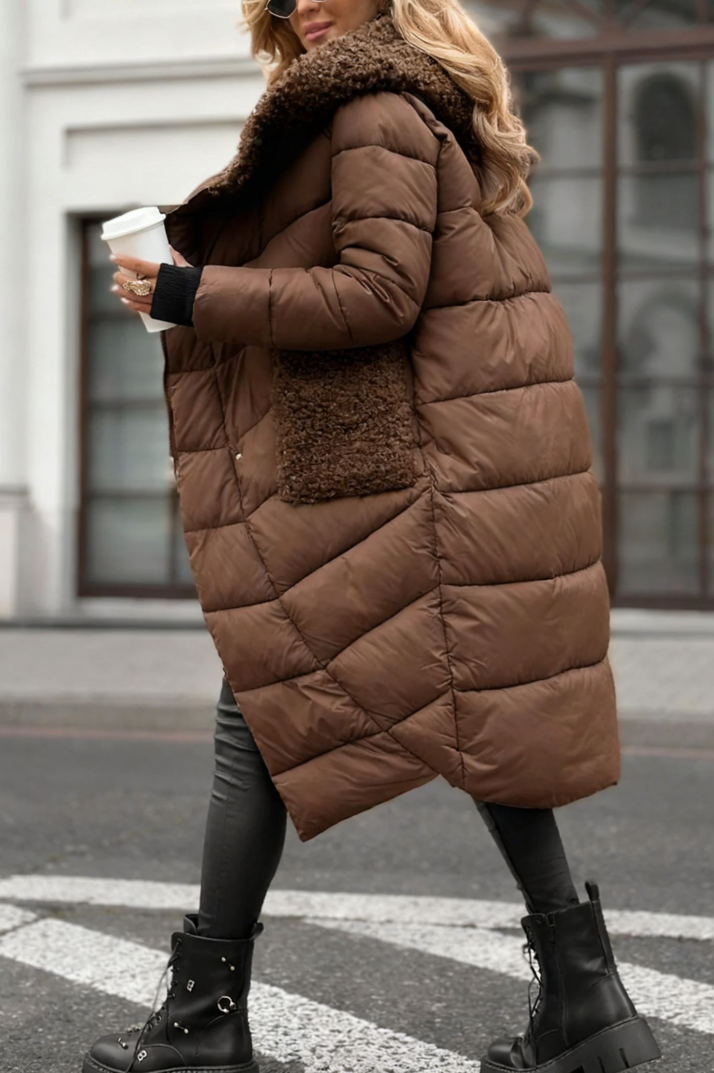 Longline Puffer Coat with Shearling Trim & Self-Tie Belt