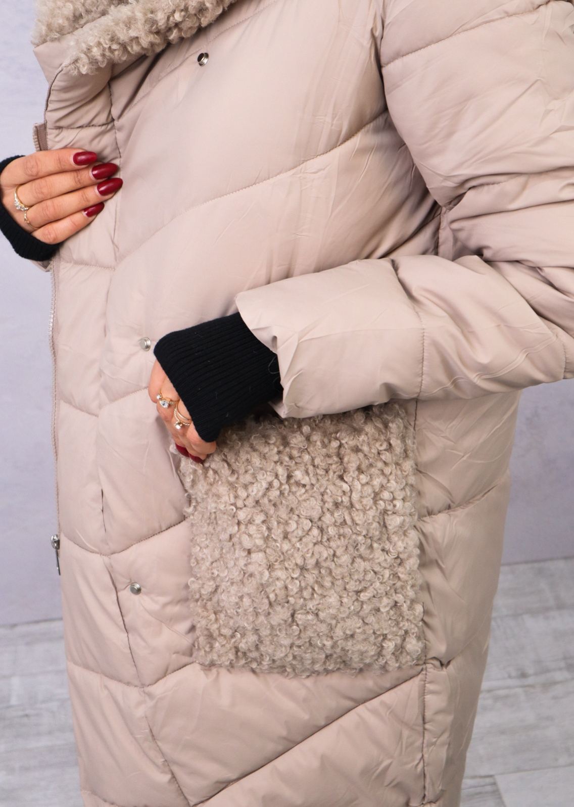 Longline Puffer Coat with Shearling Trim & Self-Tie Belt