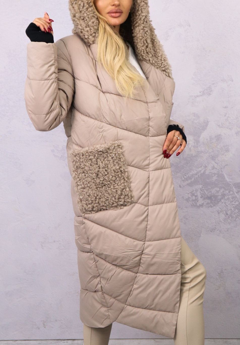 Longline Puffer Coat with Shearling Trim & Self-Tie Belt