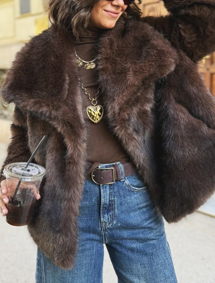 Short Faux Fur Coat with Wide Lapel Collar