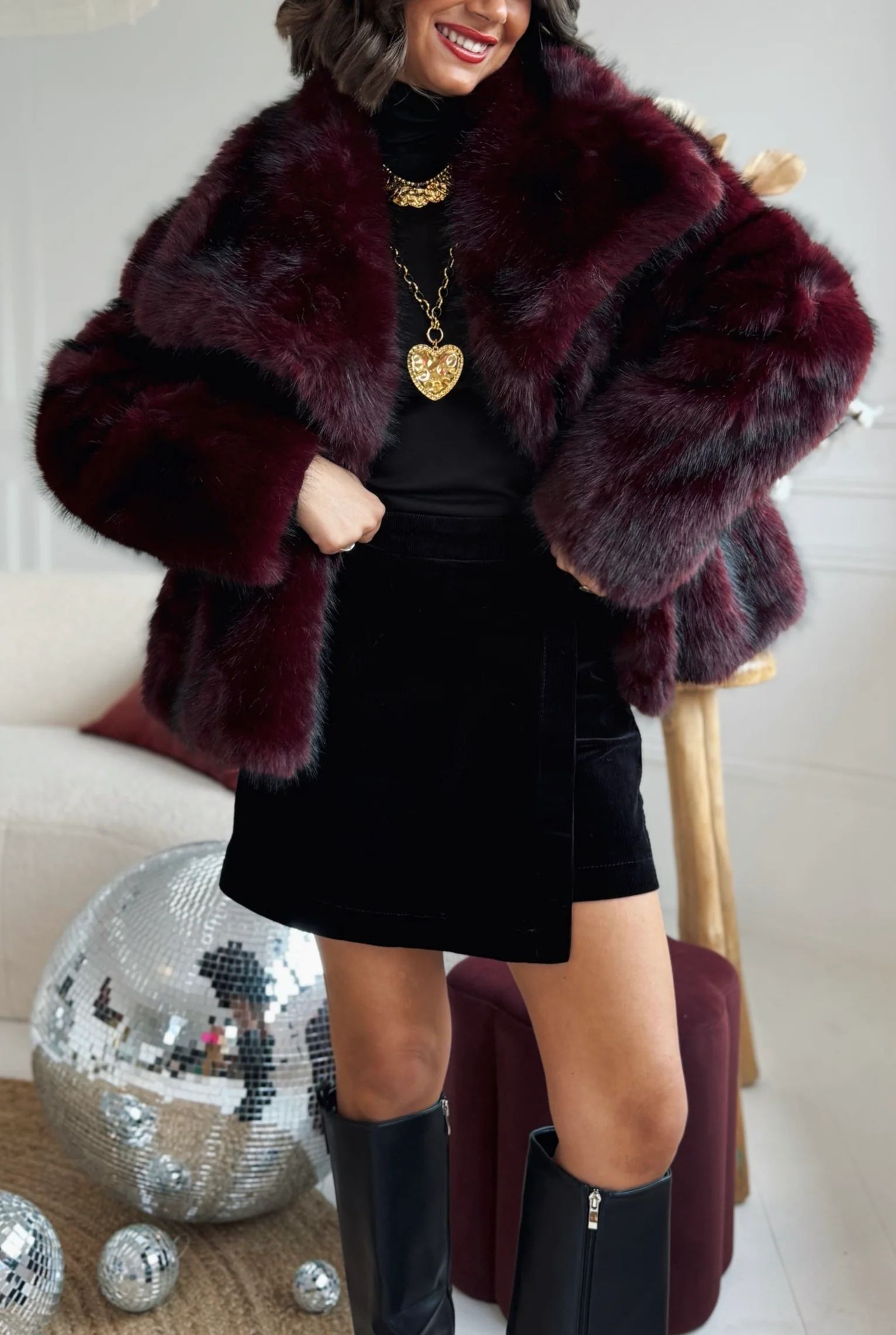 Short Faux Fur Coat with Wide Lapel Collar