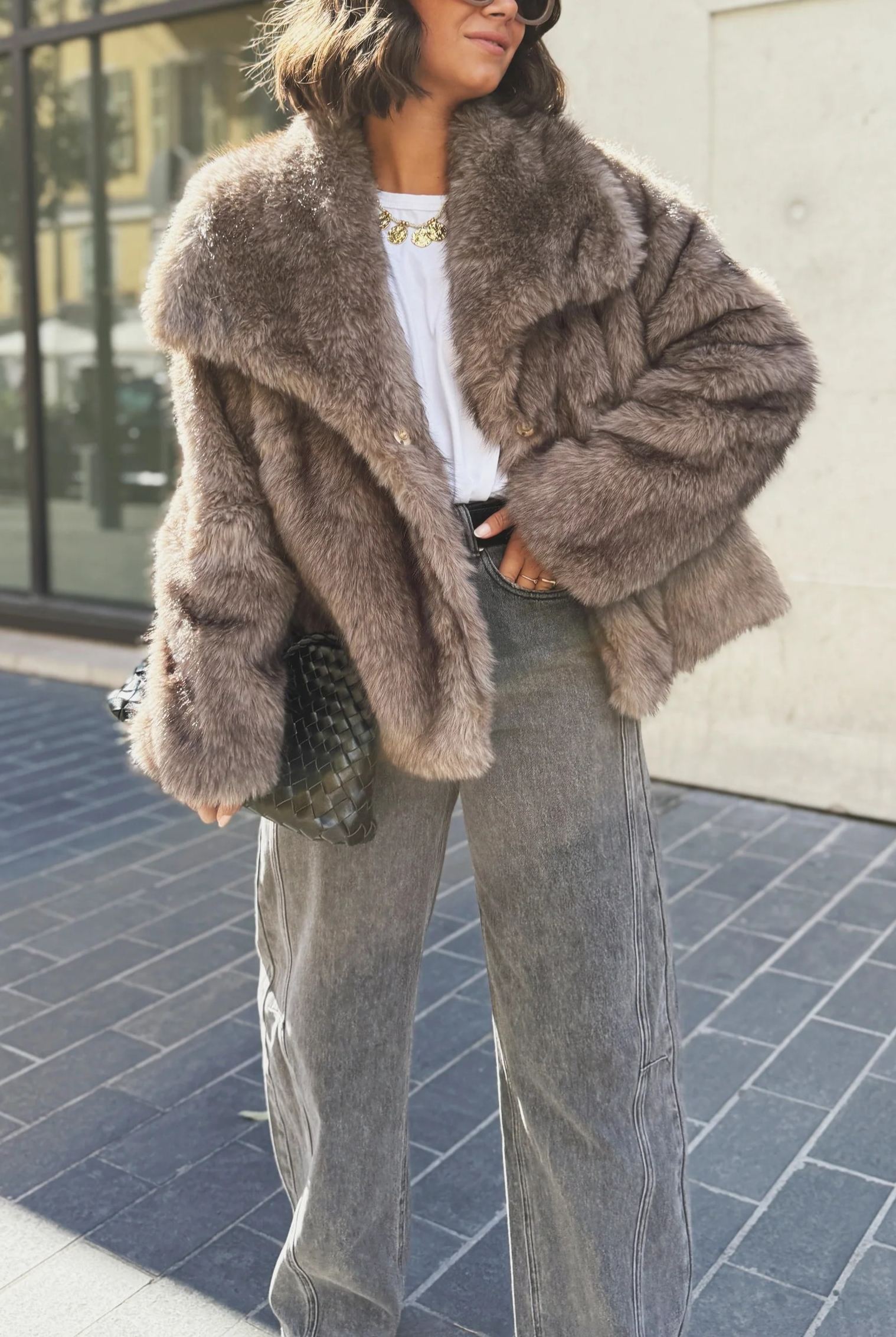 Short Faux Fur Coat with Wide Lapel Collar