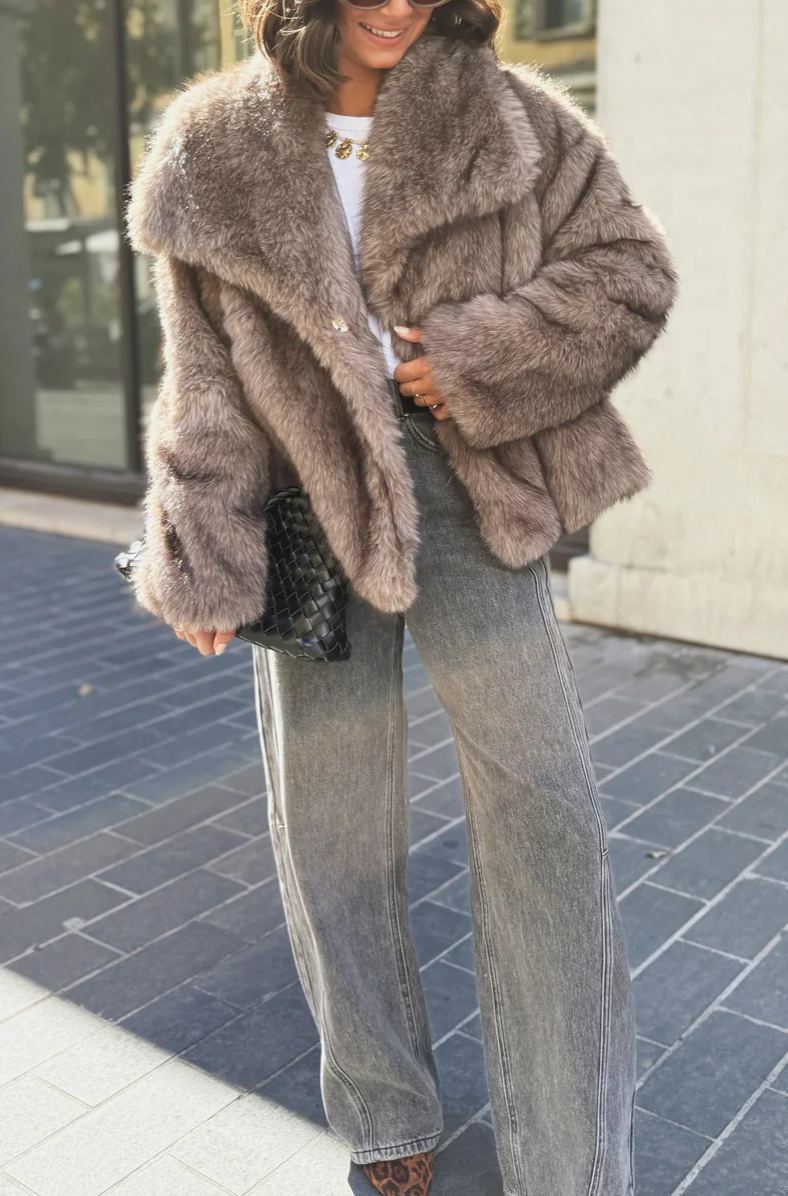 Short Faux Fur Coat with Wide Lapel Collar