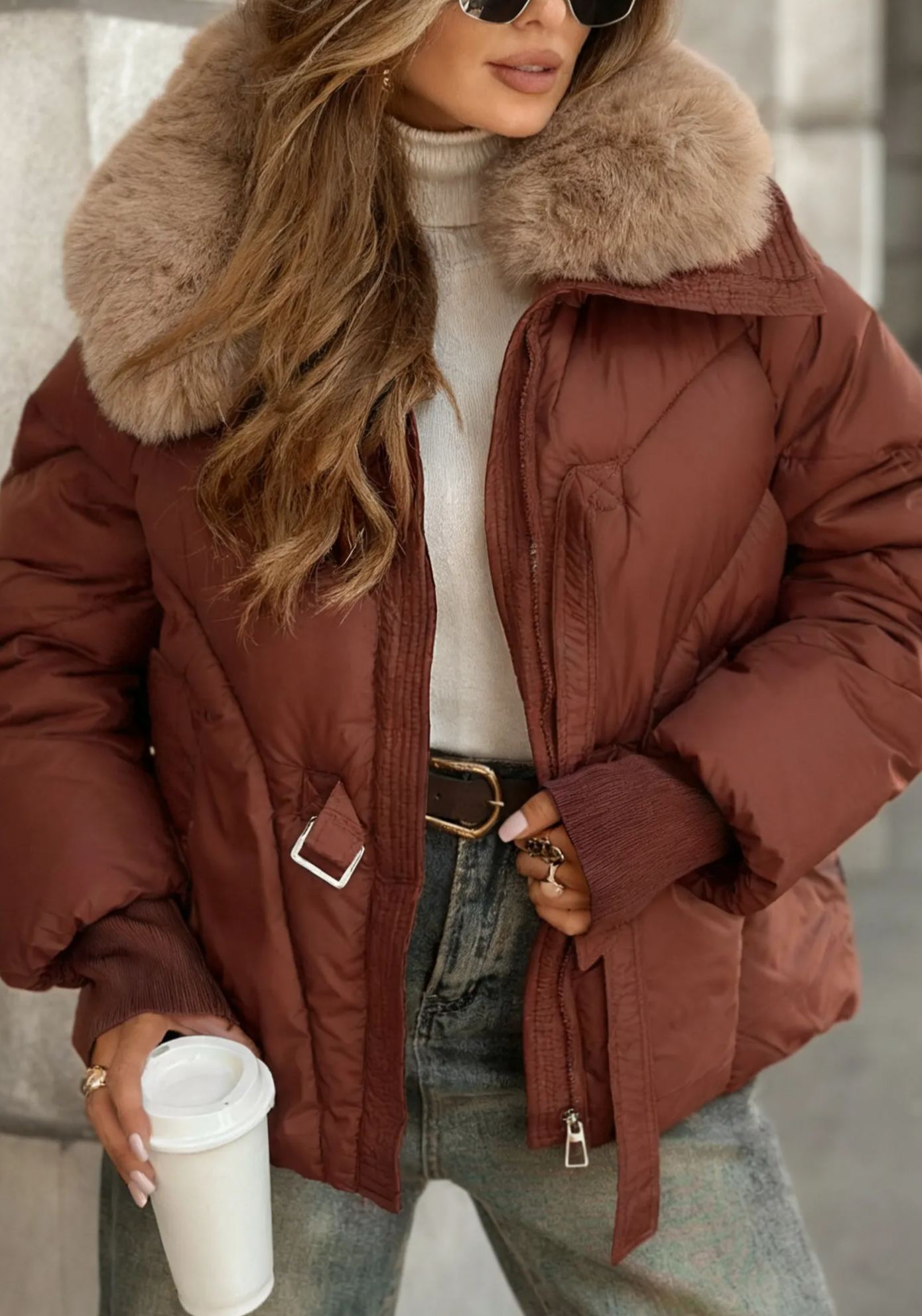 Faux Fur-Collar Puffer Coat with Metal Buckle Details