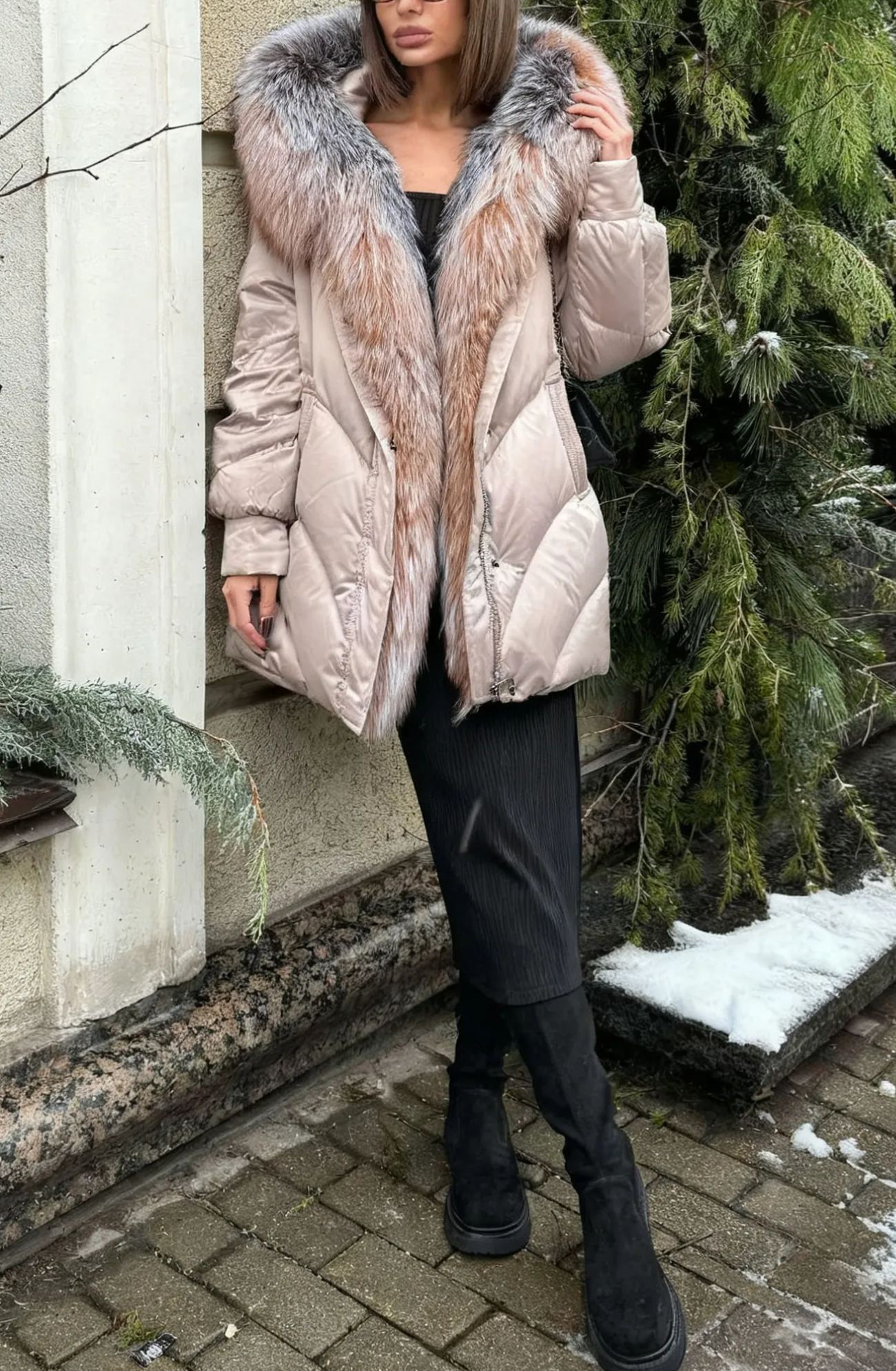 Hooded Puffer Coat with Multi-Tone Faux Fur Trim & Self-Tie Belt