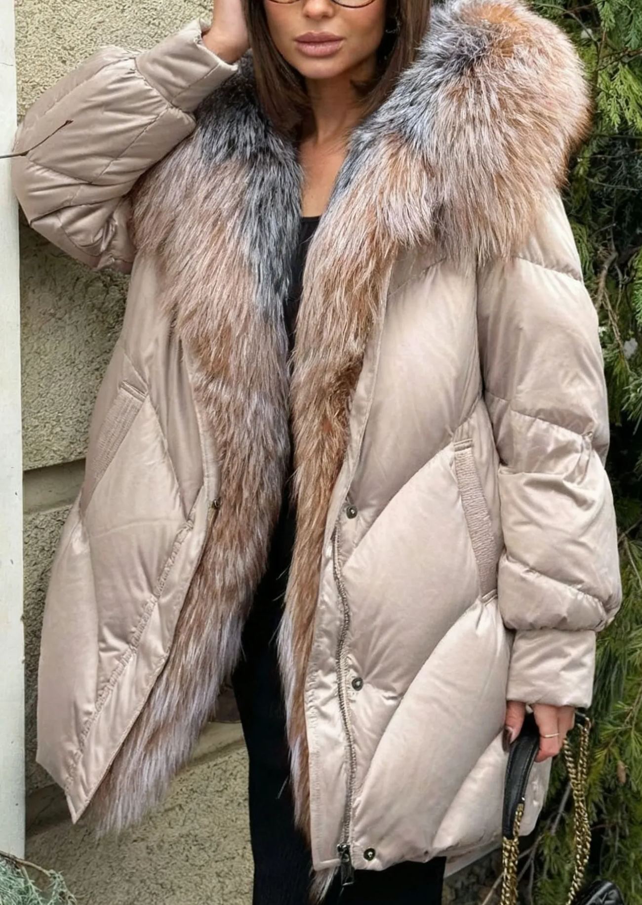 Hooded Puffer Coat with Multi-Tone Faux Fur Trim & Self-Tie Belt