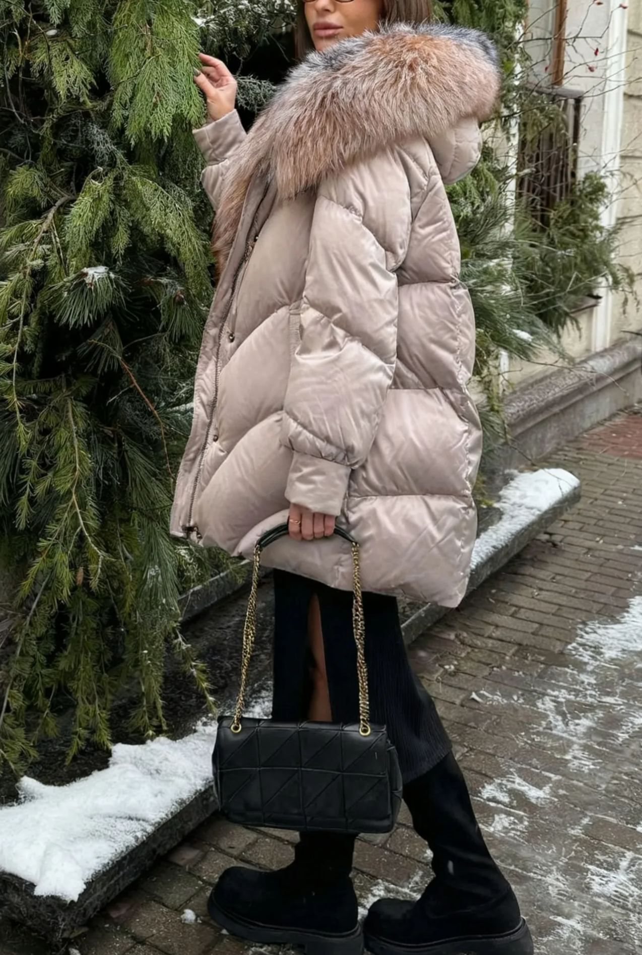 Hooded Puffer Coat with Multi-Tone Faux Fur Trim & Self-Tie Belt