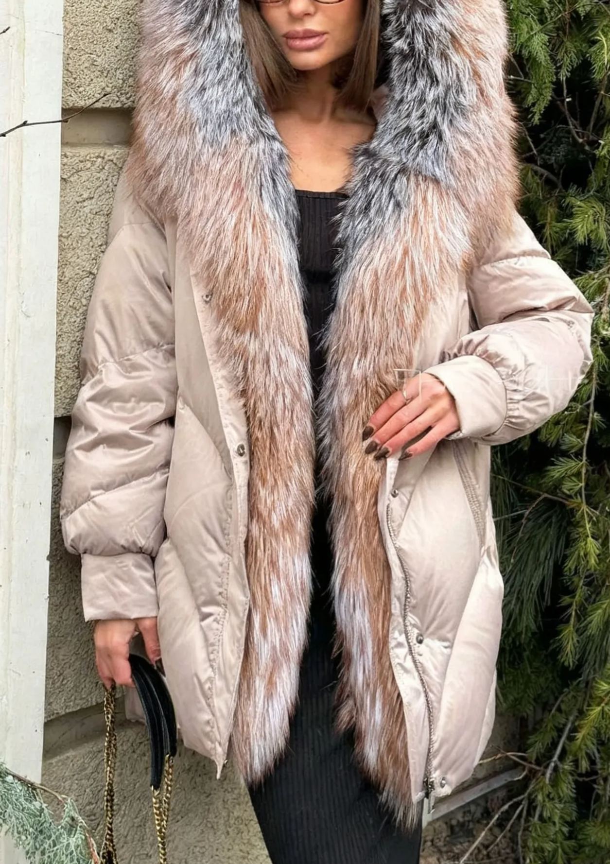 Hooded Puffer Coat with Multi-Tone Faux Fur Trim & Self-Tie Belt