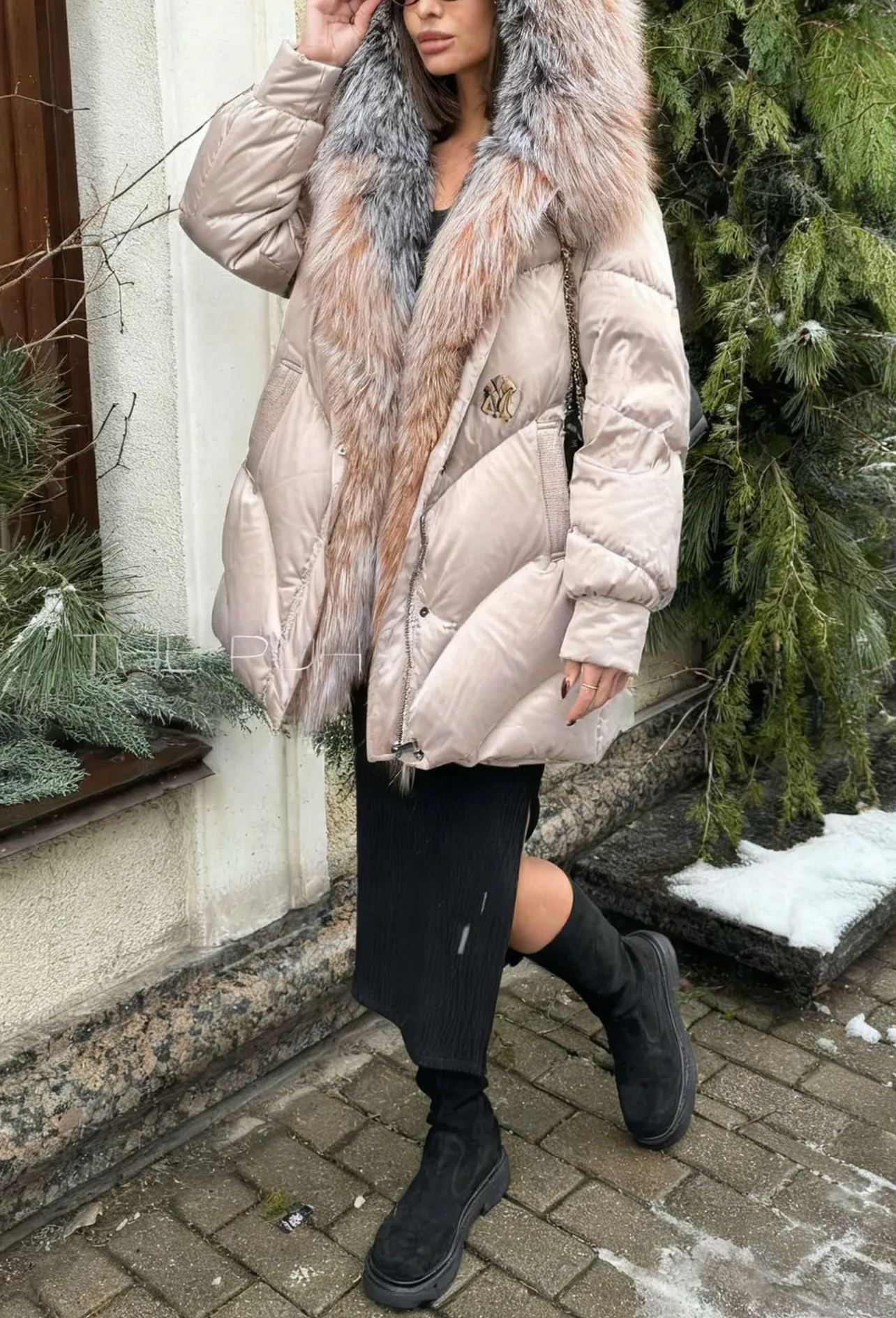 Hooded Puffer Coat with Multi-Tone Faux Fur Trim & Self-Tie Belt