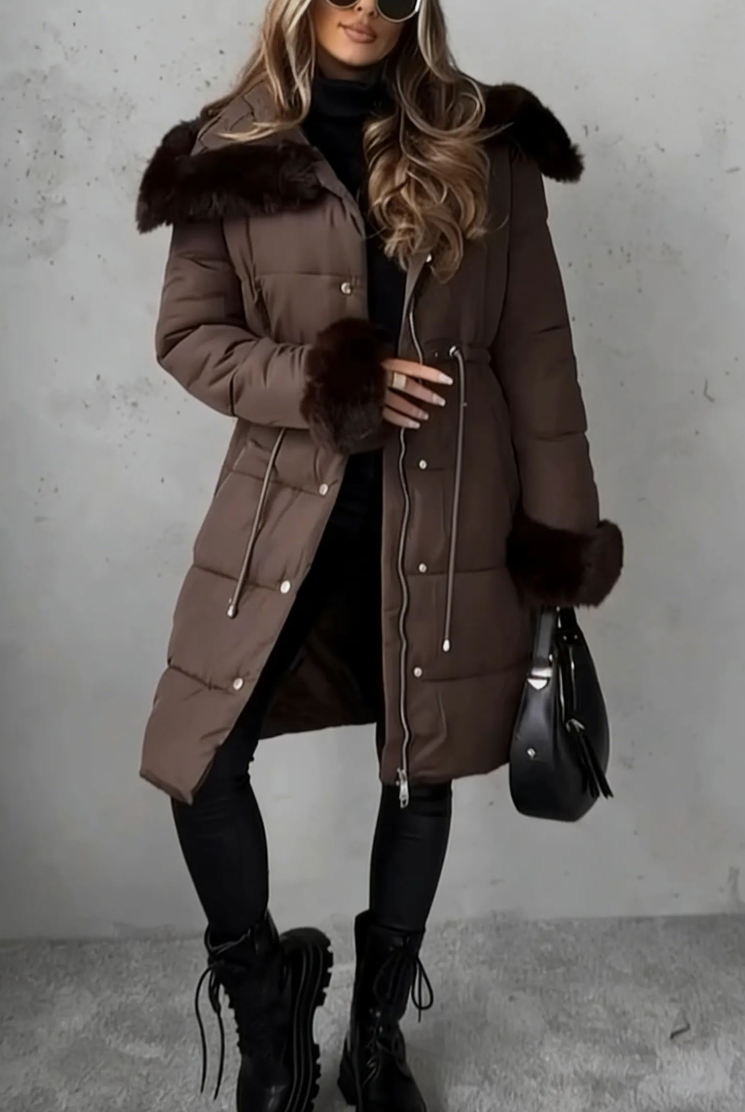 Mid-length down jacket with hood, accented with faux fur trim