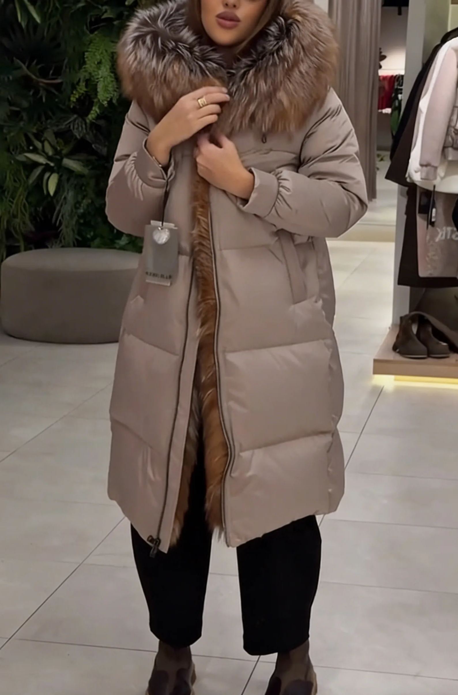Hooded Longline Puffer Coat with Faux Fur Trim