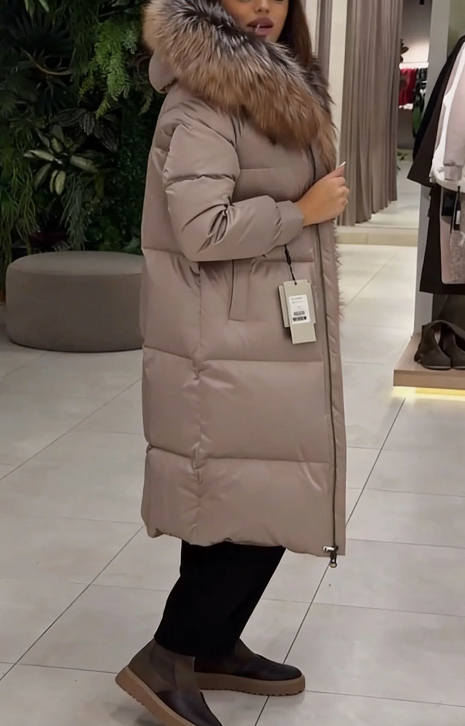 Hooded Longline Puffer Coat with Faux Fur Trim